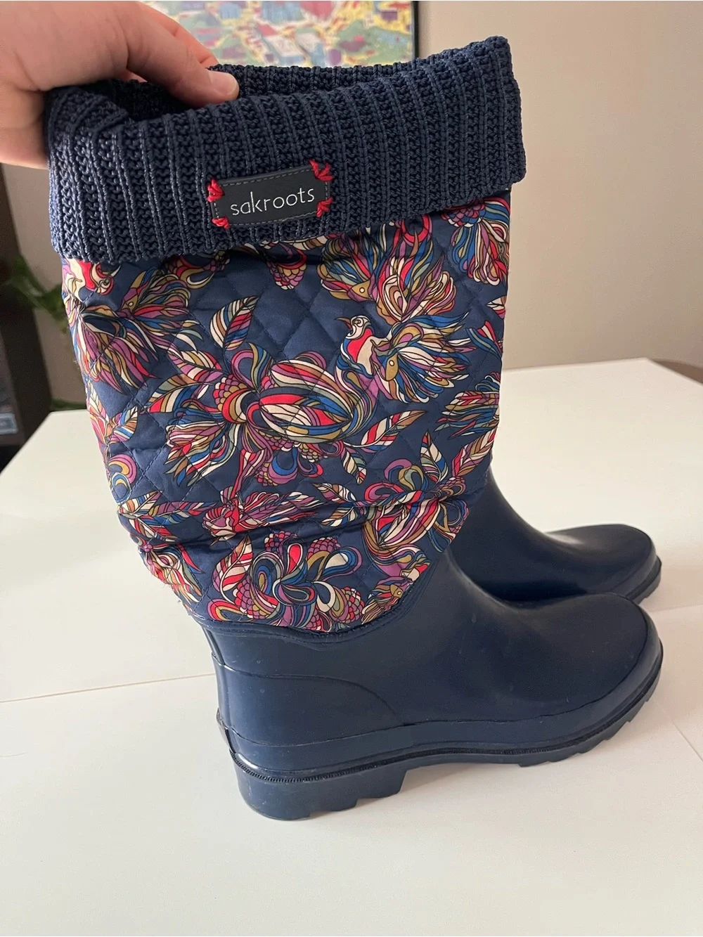 Sakroots Navy Quilted Floral-Print Tall Rain Boots with Knit Cuff